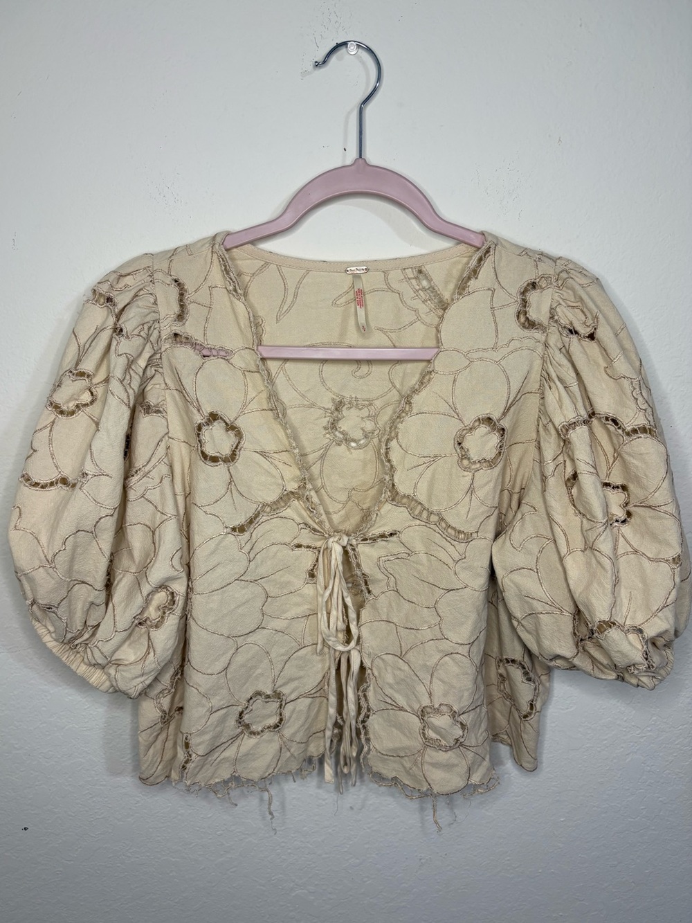 Free People June Top with balloon sleeves and floral embroidery tie front size S